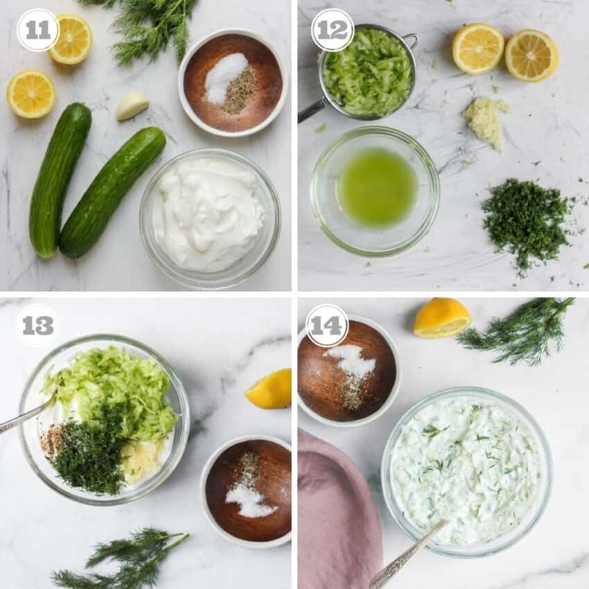 steps showing how to make lemon dill tzatziki