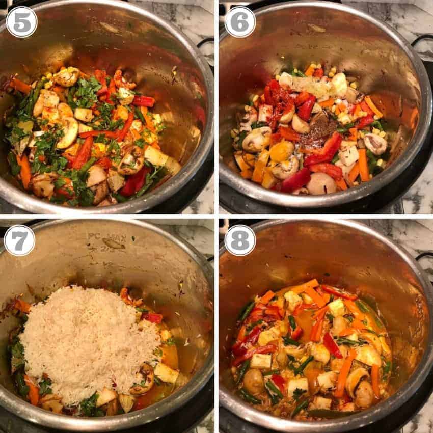 steps showing adding rice and water to veggies in Instant Pot