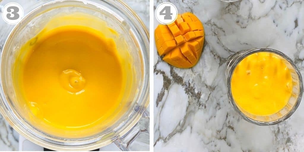 photos three and four showing mango milkshake in a blender 
