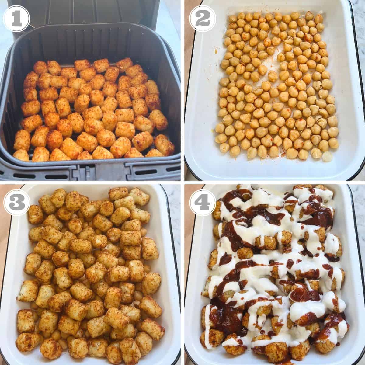 photos one through four showing air fried tater tots and how to assemble aloo chaat 
