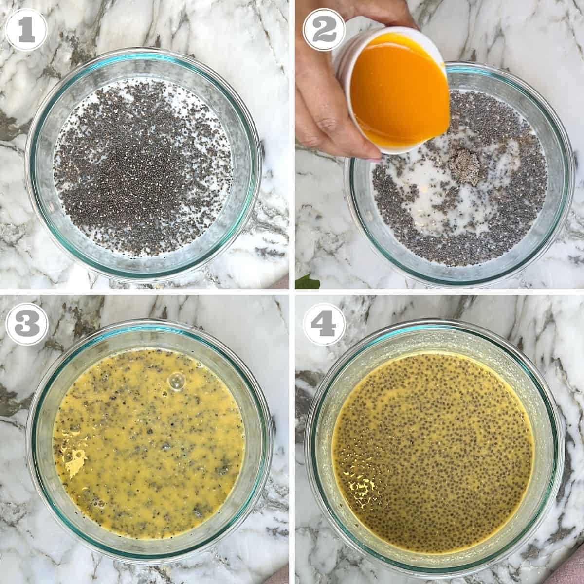photos one through four showing how to make chia pudding 
