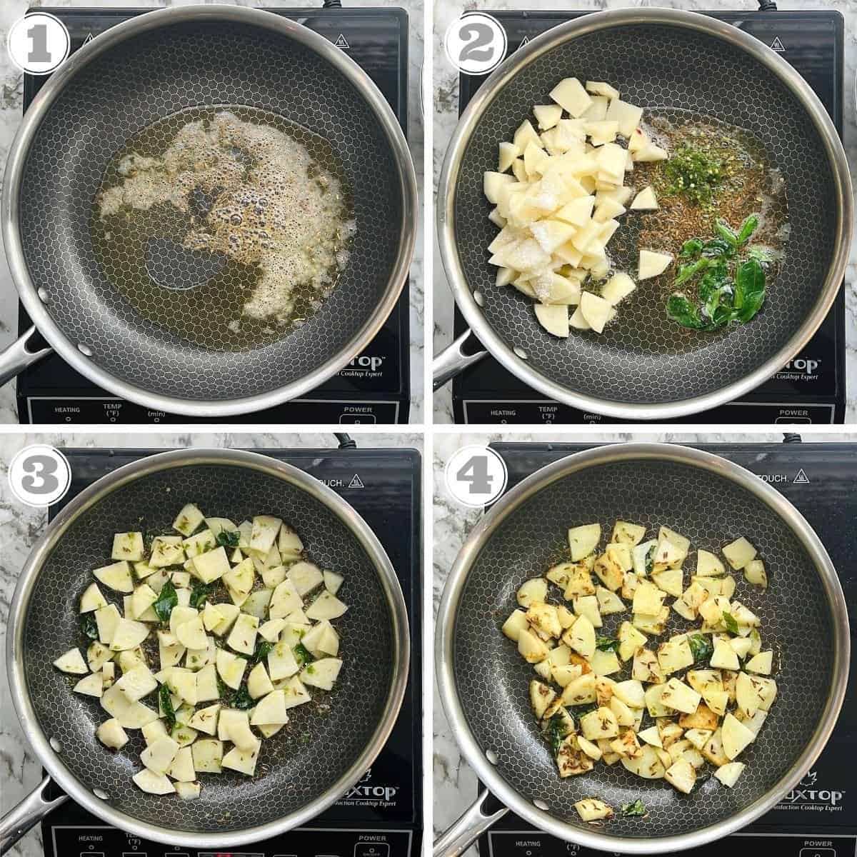 photos one through four showing how to cook sabudana khichdi