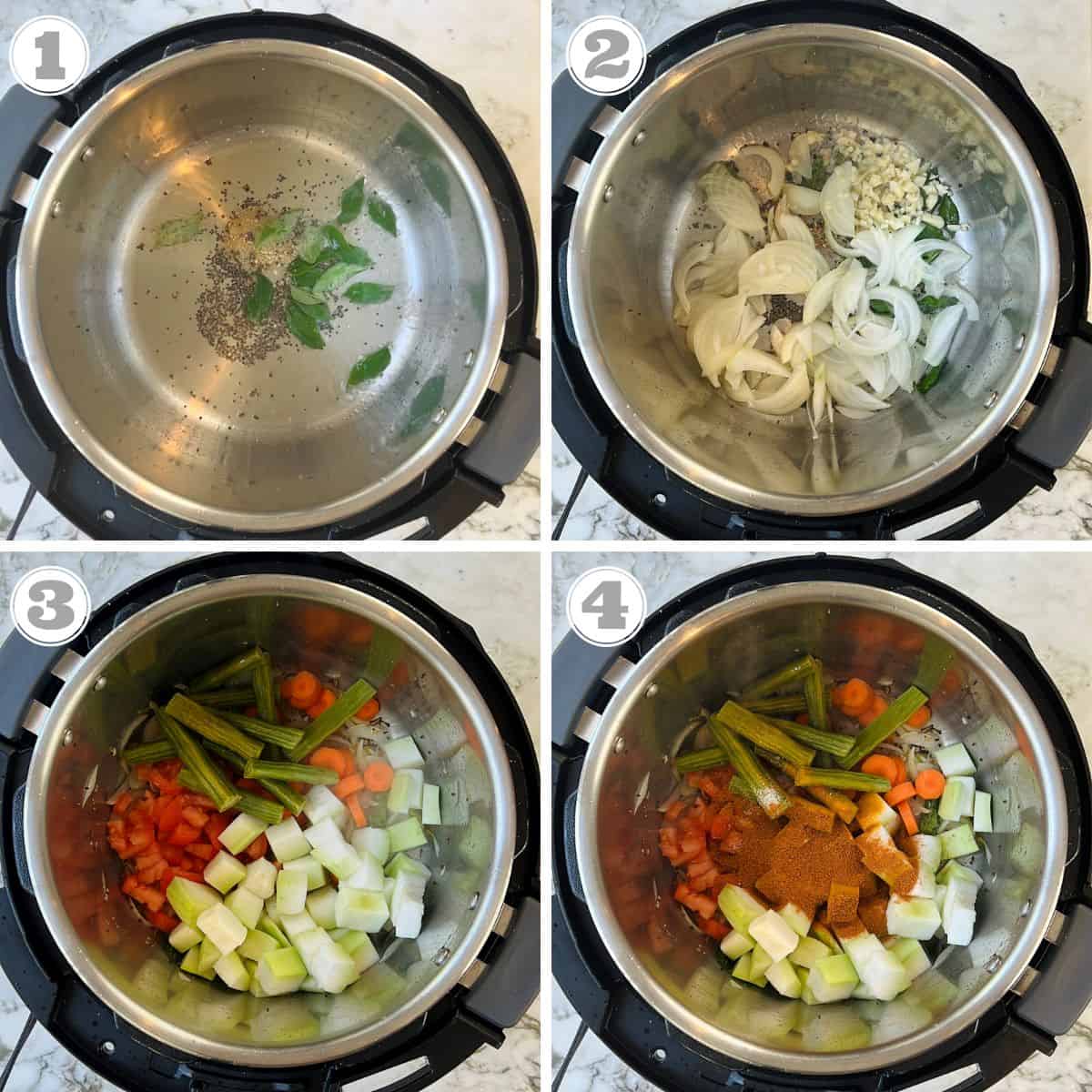 photos one through four showing tempering of spices and veggies sauteed in a pot 