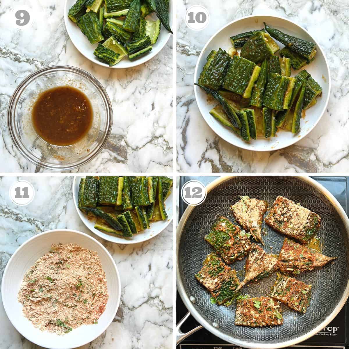 photos nine through twelve showing how to cook karela 