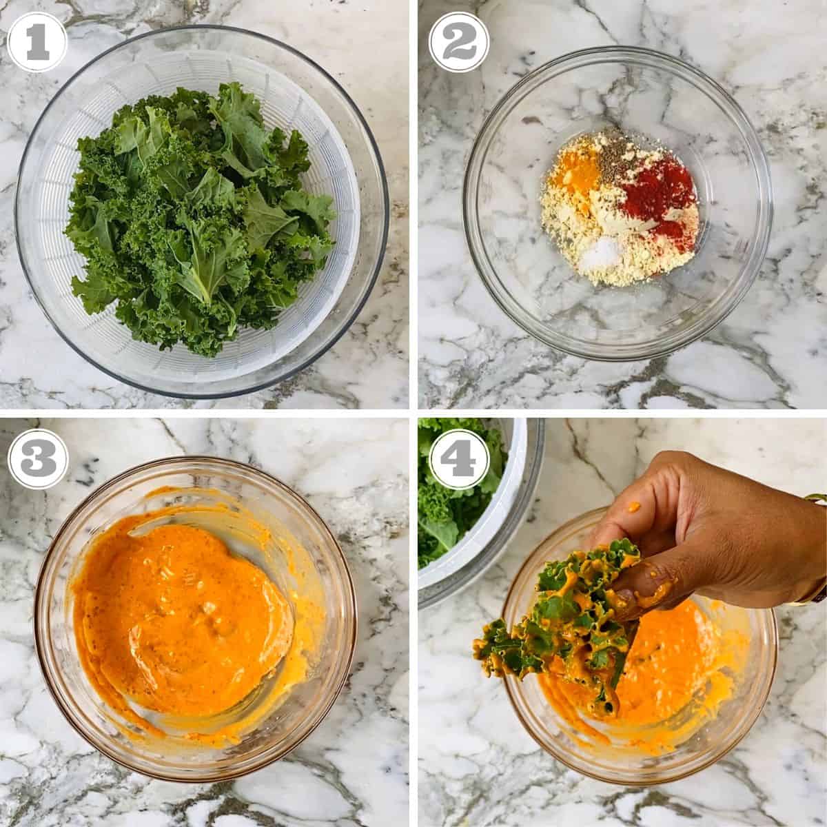 photos one through four showing how to prep kale to make kale chips