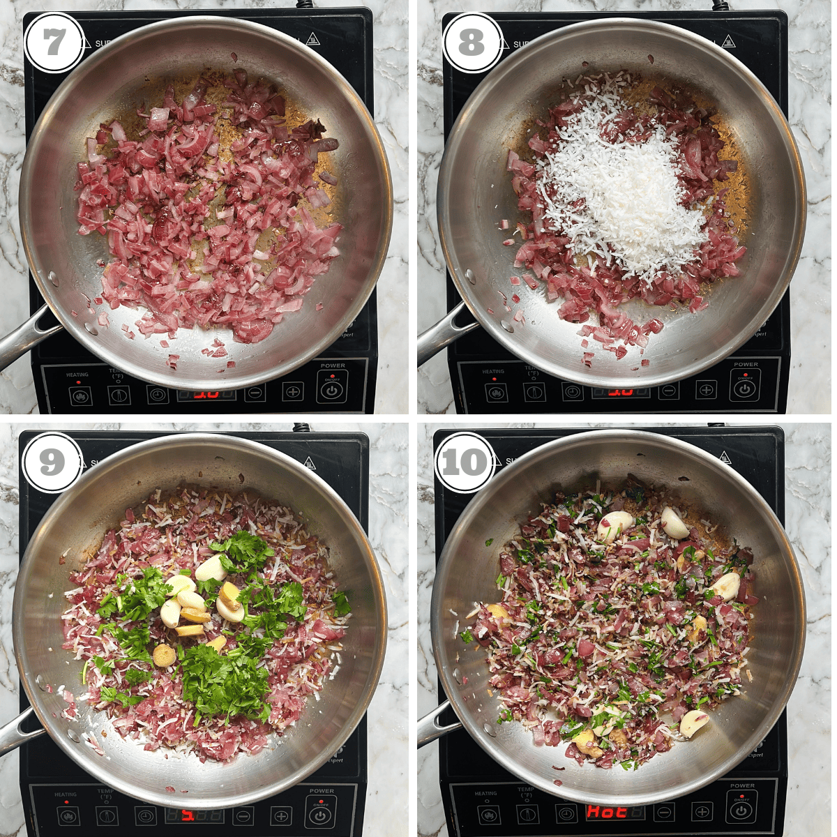 photos seven through ten showing sauteeing of aromatic and coconut for the curry paste 