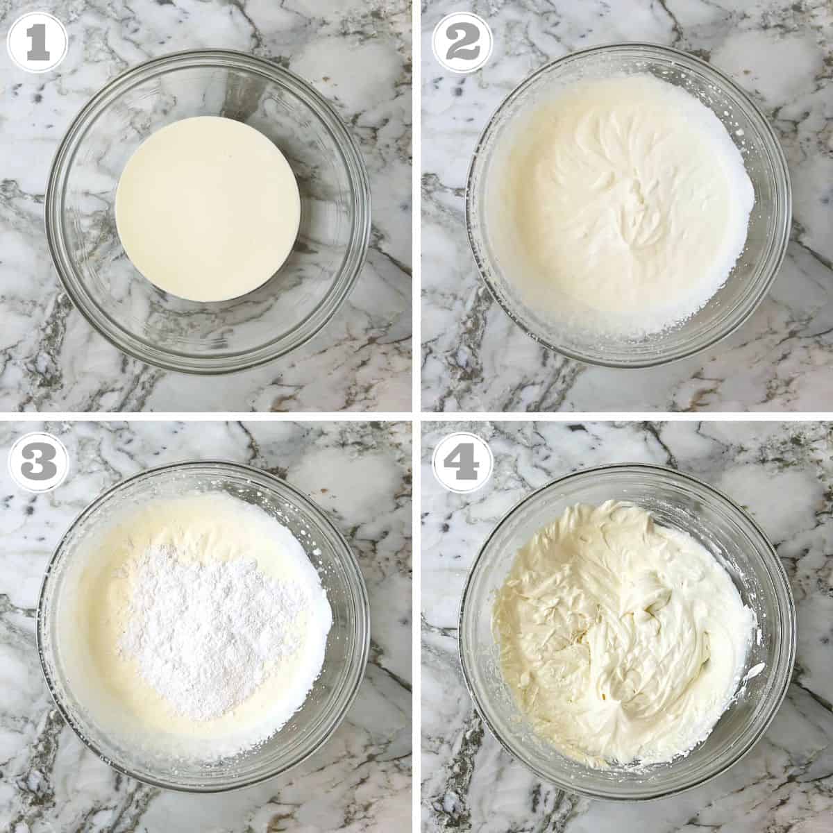 photos one through four showing how to whip heavy cream and sugar 