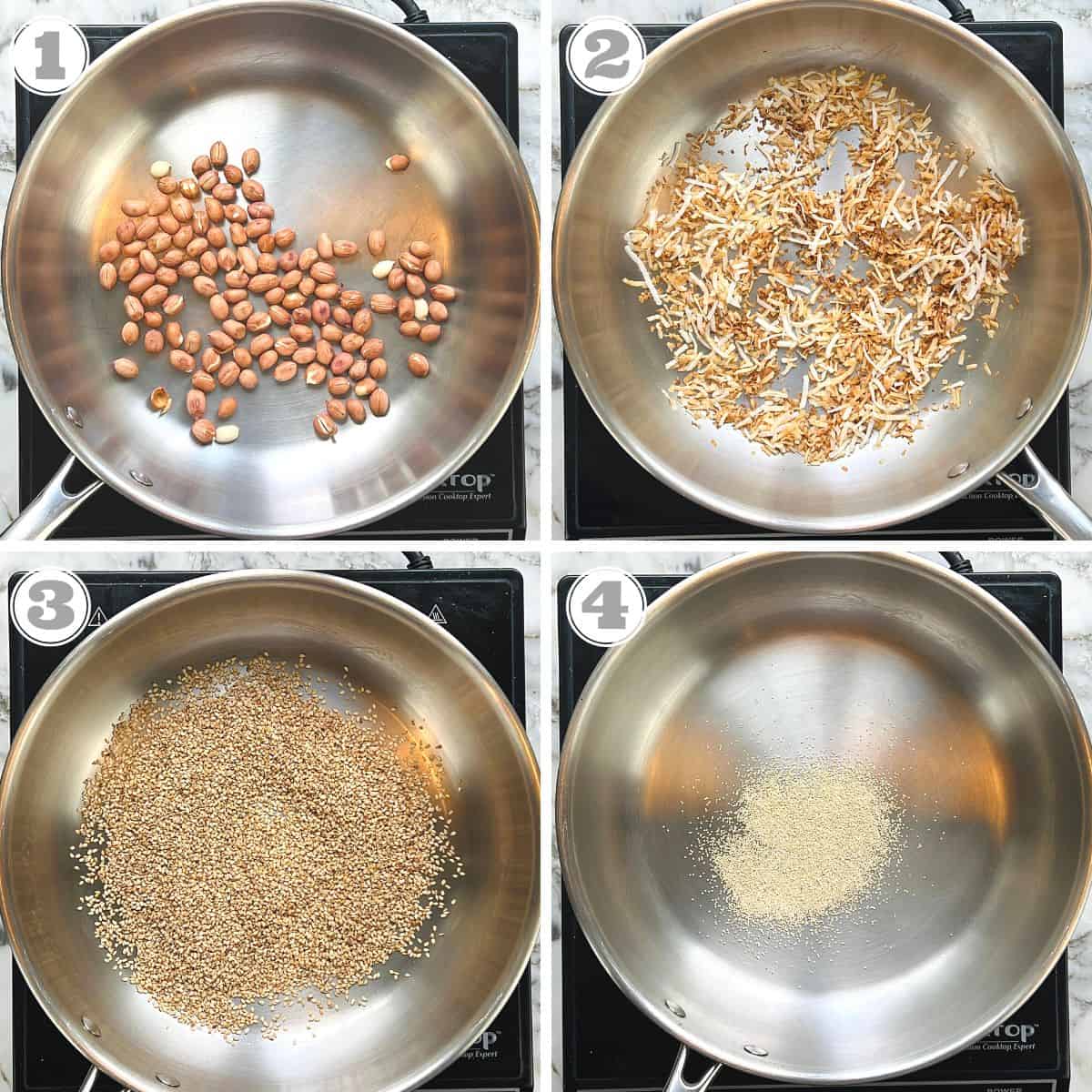 photos one through four showing roasting ingredients for maswadi filling 