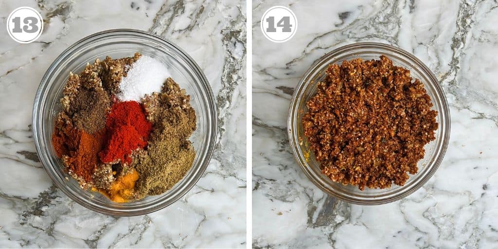 photos thirteen and fourteen showing ground spices added to maswadi filling 