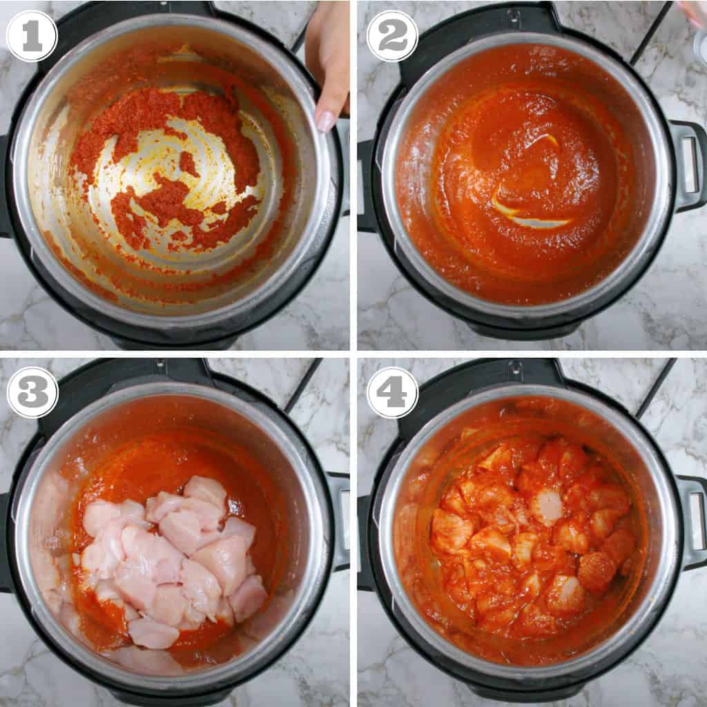 photos one through four showing how to make instant pot panang chicken curry