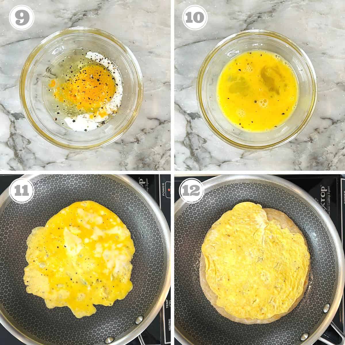 photos nine through twelve showing how to cook an egg and layer over paratha 