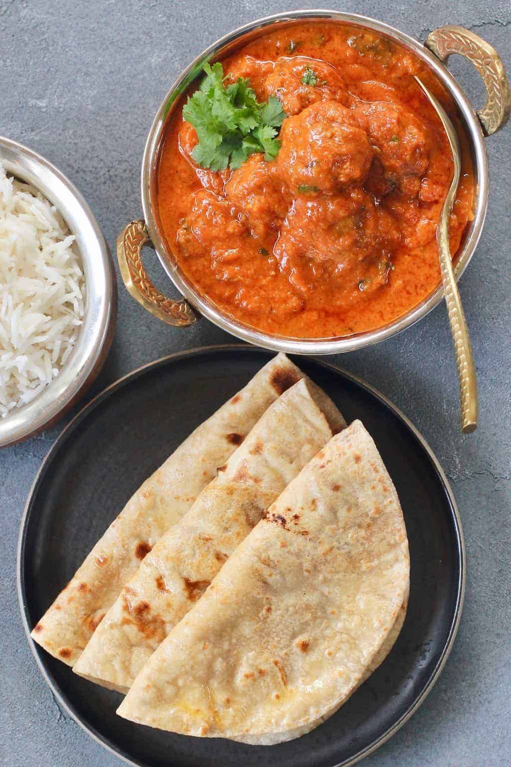 Malai Kofta served with rice and rotis