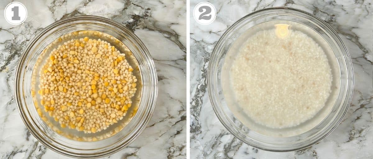 photos one and two showing soaking rice and lentils in different bowls 