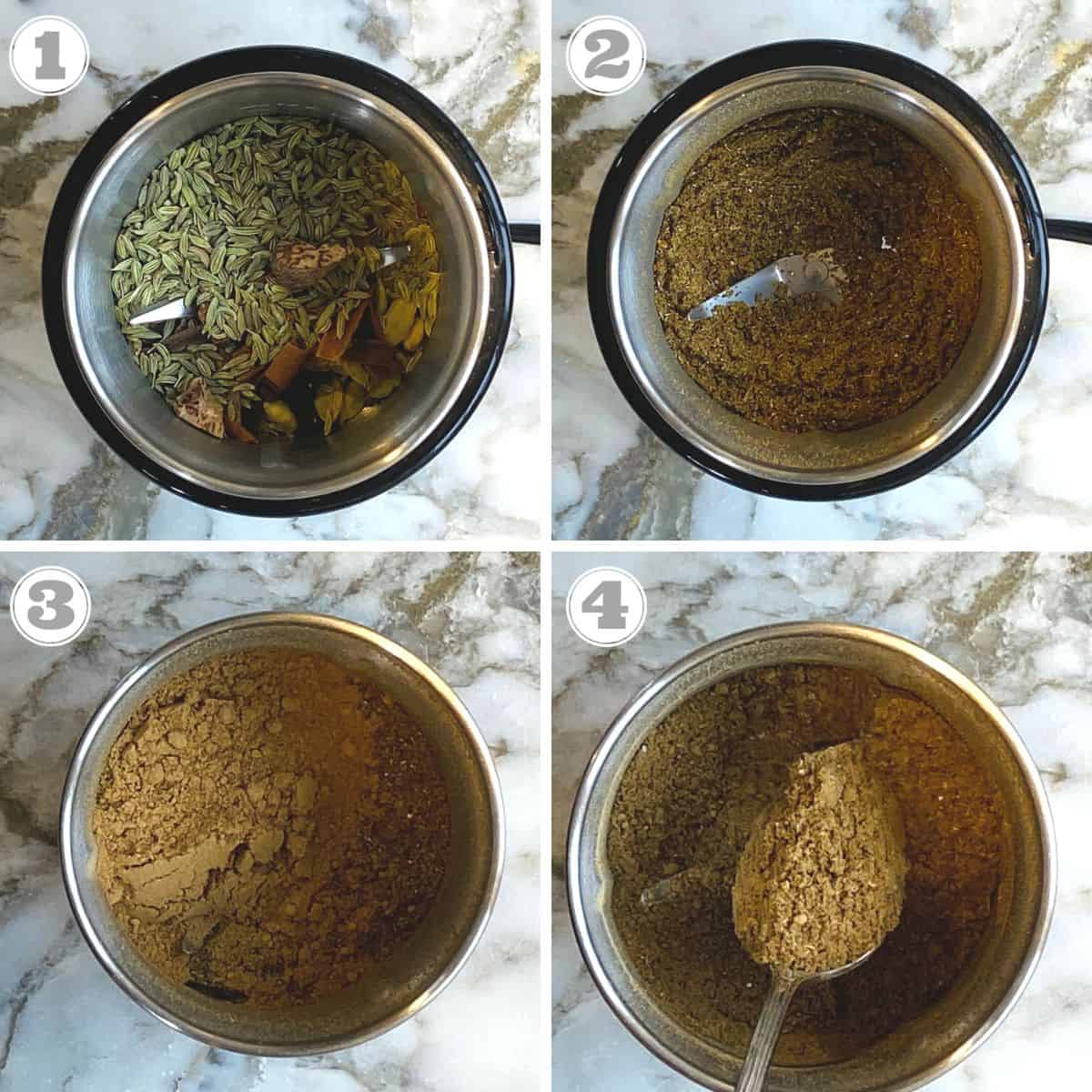 photos one through four showing how to make chai masala spice blend