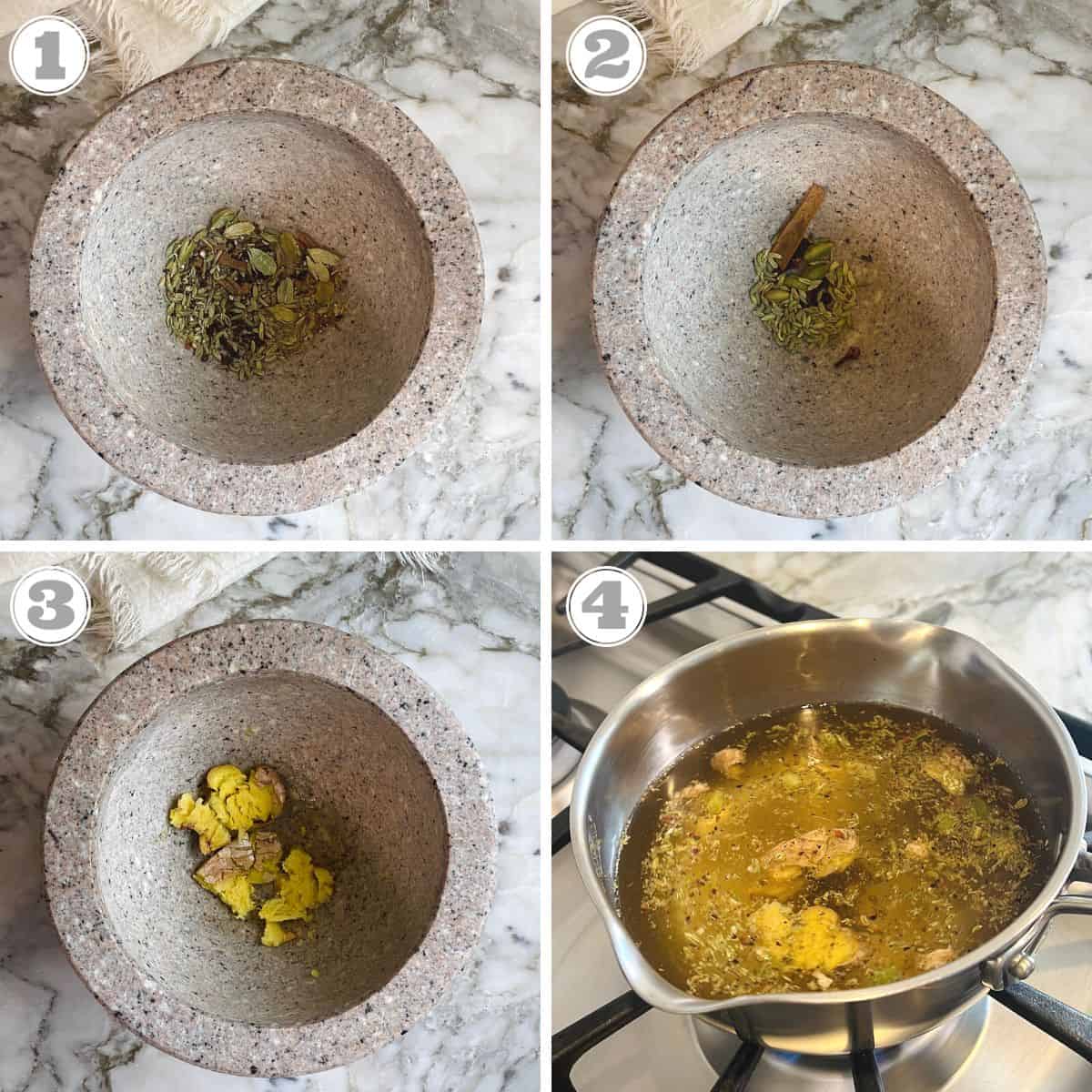 photos one through four showing how to grind spices for masala chai 