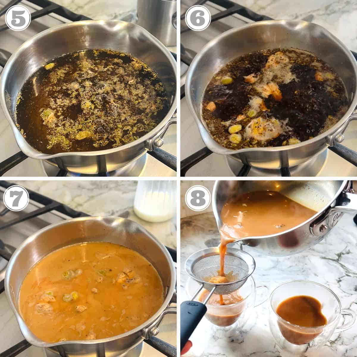 photos five through eight showing how to make masala chai 