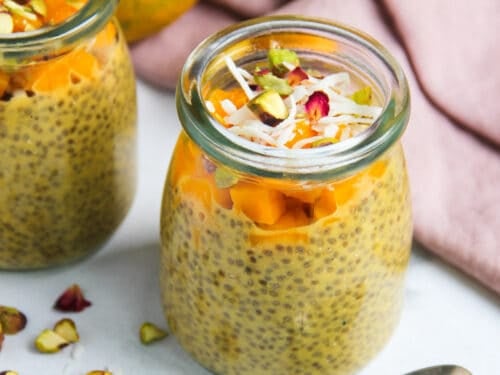 mango chia pudding in a glass jar