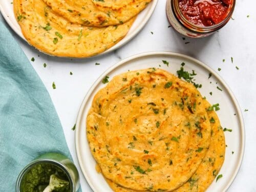 masoor dal chilla served with chutney and pickle