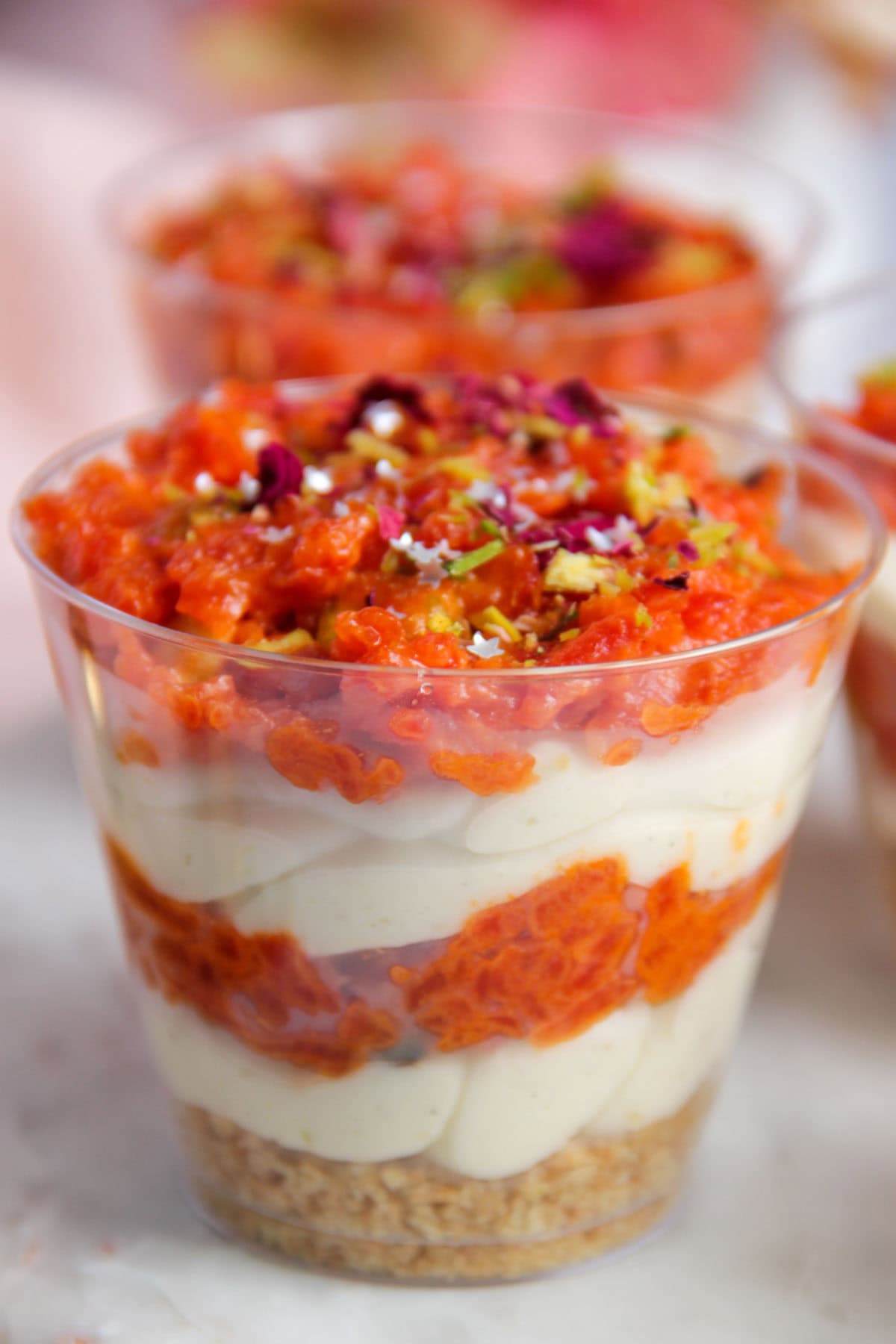 closeup photo of gajar halwa cheesecake jar