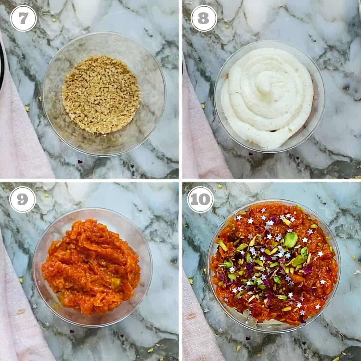 photos showing how to assemble gajar halwa cheesecake jars.